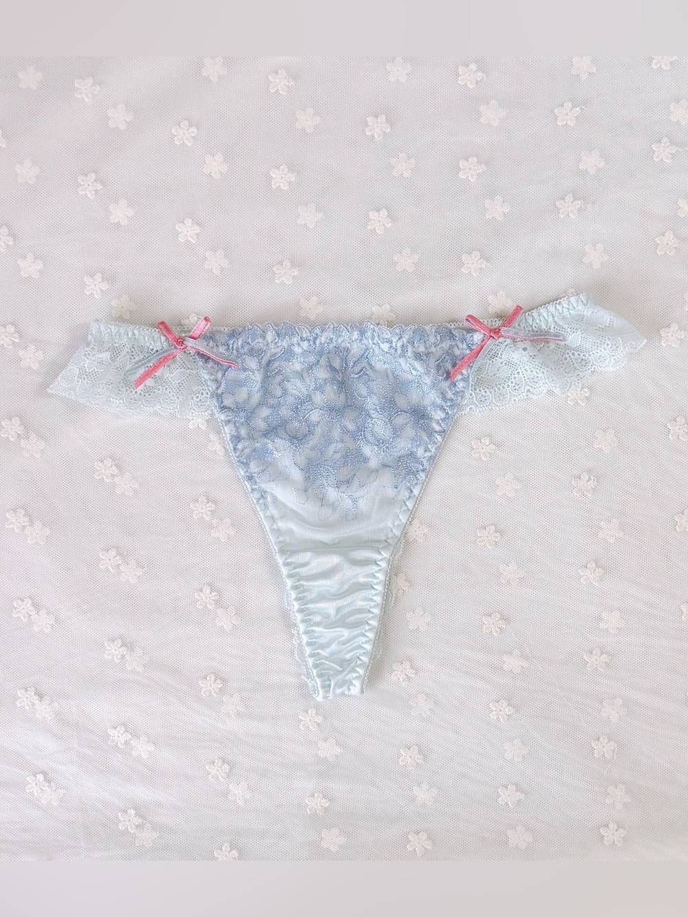 US-S Japanese Brand 美匠 Satin Bow Floral Embroidered Lace Ruffle Nylon Thong